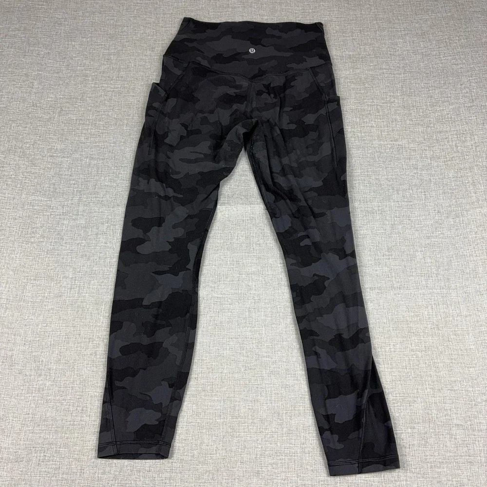 Lululemon Leggings Womens 8 Black Camo High Rise Ankle Pockets Yoga Gym Workout